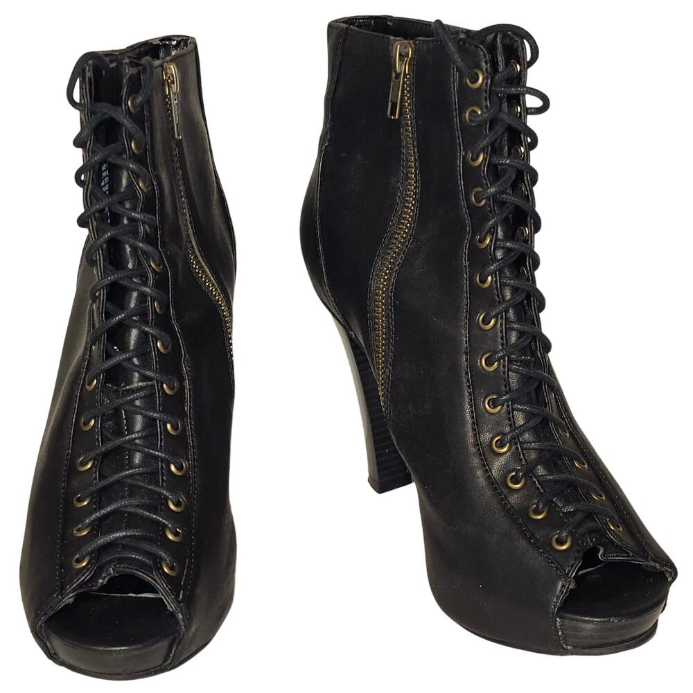 Candie's Ankle Booties Womens 9.5 Peep Toe Lace Up Zip High Heel Black